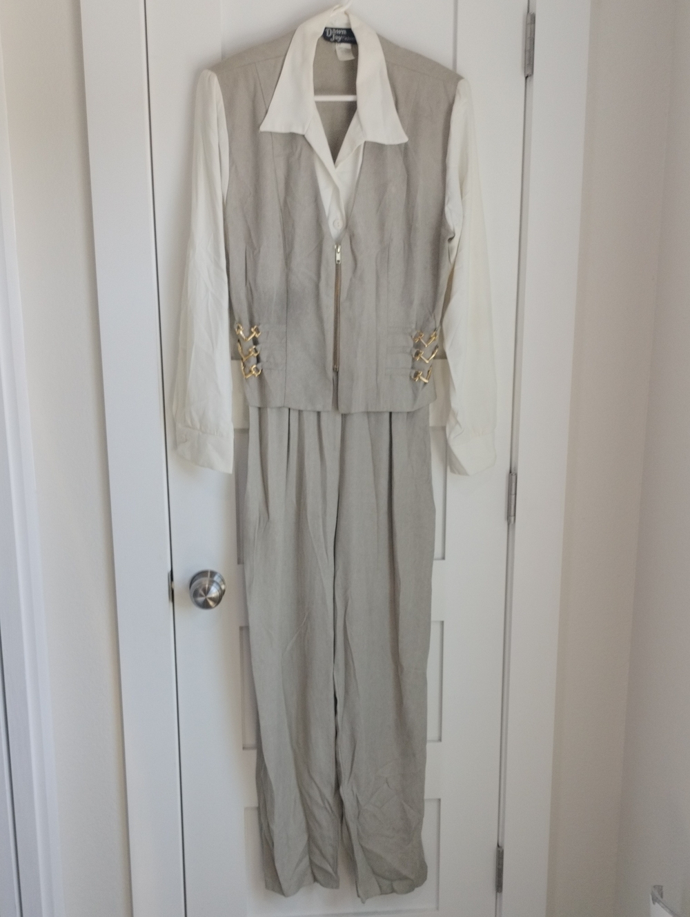Women's Beige Linen Jumpsuit with White Blouse